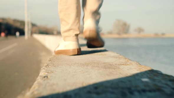 Businessman Walks And Enjoying Good Weather At Fall. Confidence Man Feet Walking In City.