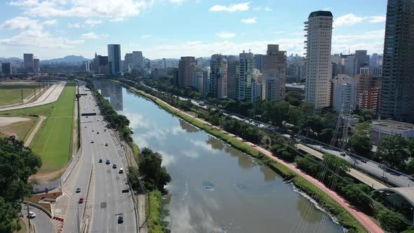 Downtown Sao Paulo Brazil. Landmark highway road. Offices buildings.