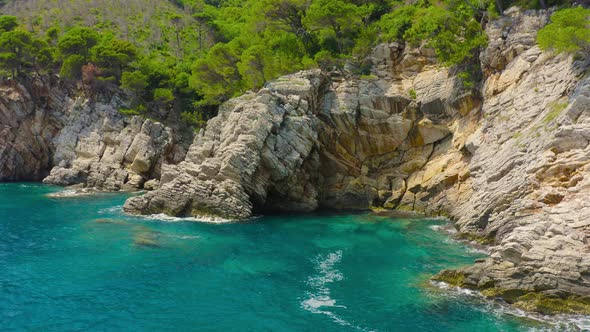 Aerial View on Shoreline and Adriatic Sea Scenic Landscape on the Coast Path to Petrovac Montenegro