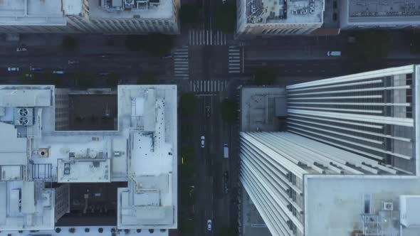 AERIAL: Slow Birds Eye View Flight Over Downtown Los Angeles California in Beautiful Sunrise Light