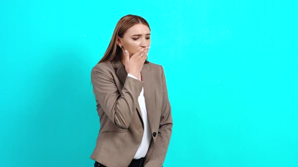 Young Woman with Brown Hair, in Business Style, Cough, Cough Closing Her Mouth with Her Hand