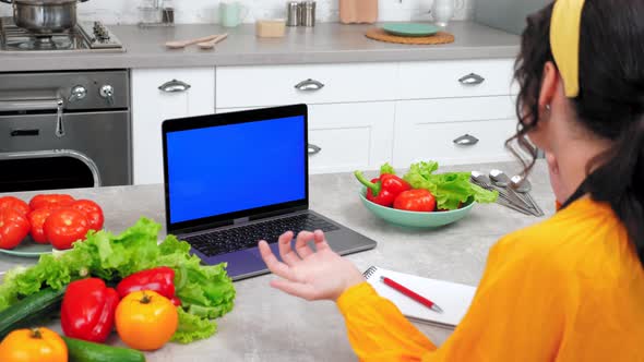 Blue Screen Laptop Emotional Woman Study Online Video Call Tells Chef Teacher