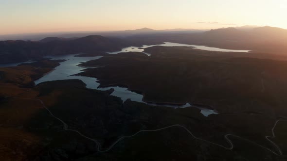 El Atazar dam and Loyoza river at sunrise, Spain