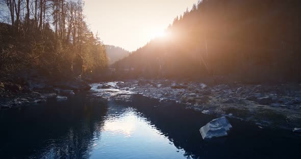 Aerial Drone Flight View on Mountain River