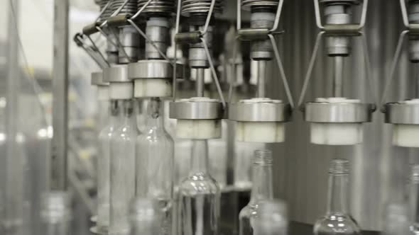 Automatic Line of Bottling of Alcoholic Beverages. The Work of Mechanical Grippers Close-up.
