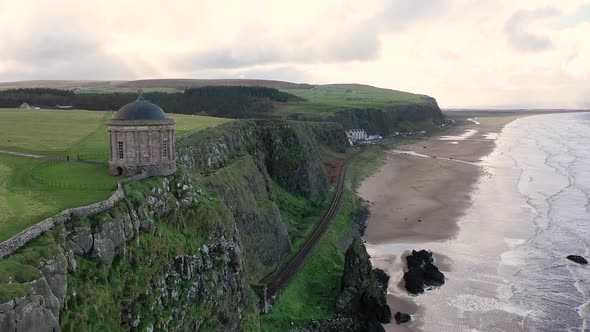 Aerial View of Mussenden Temple and Downhill Beach in County Londonderry in Northern Ireland