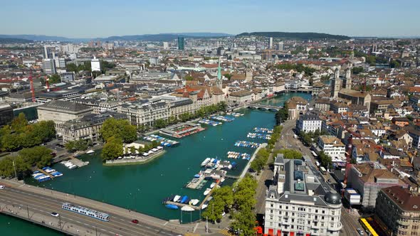 Boats and Marina on River Limmat in the City of Zurich  Aerial View