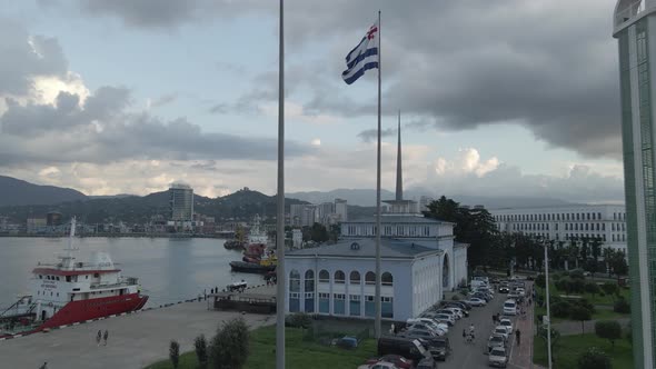 Aerial view of International Marine Station pier in Batumi city. Georgia