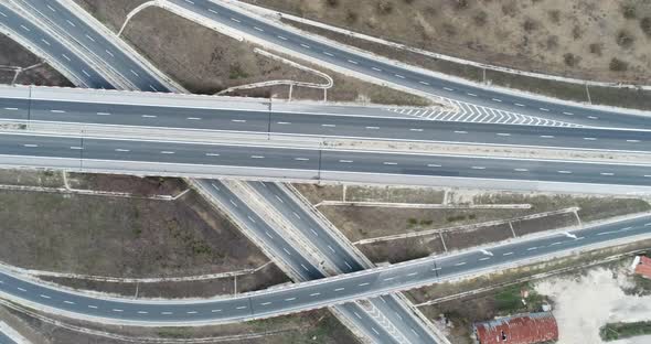  Road junction, highway intersection top view. Top down view of road traffic