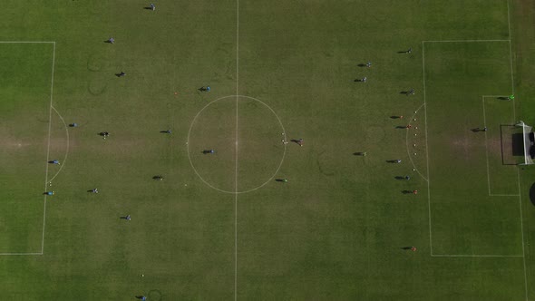 Birdseye Aerial View of Football Grass Field and Players on a Training Practice