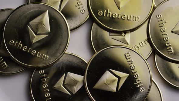 Rotating shot of Ethereum Bitcoins