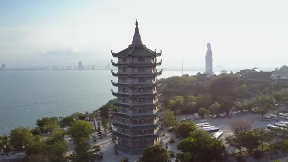 Upper View Pagoda and Huge Buddha Statue on Hill Top