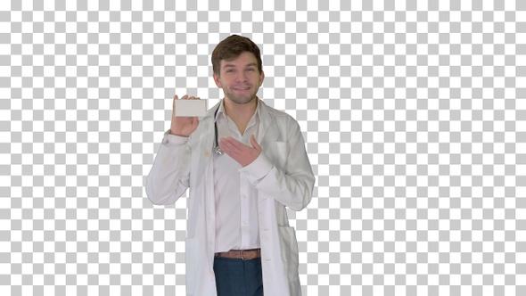 Walking Male Doctor showing empty white box of pills, Alpha Channel