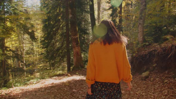 Pretty Girl is Walking Among the Picturesque Autumn Forest