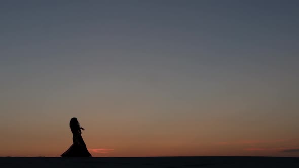 Professional Cute Dancer on the Beach Dances Belly Dancing. Silhouette