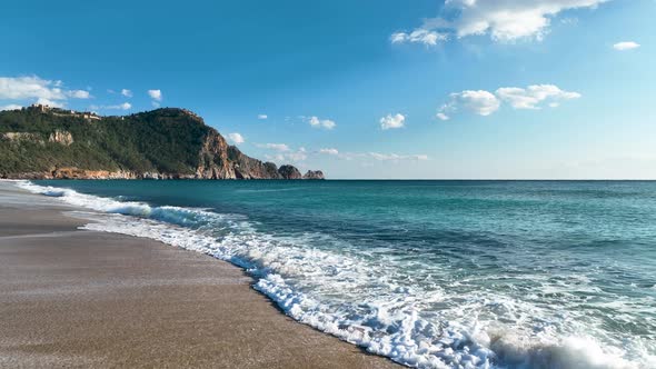 Golden beach and sea waves aerial view 4 K