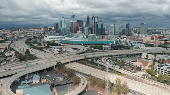 Scenic Downtown Los Angeles Aerial View. Busy Highway Overhead  Drone View