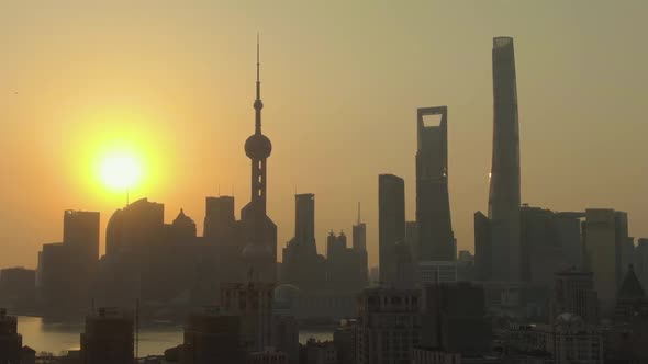 Shanghai City at Sunrise. Lujiazui District. China. Aerial View