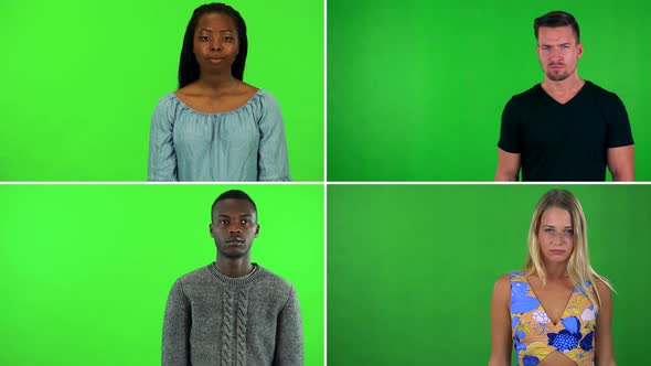  Compilation (Montage) - Four People Frown at the Camera and Shake Their Heads - Green Screen