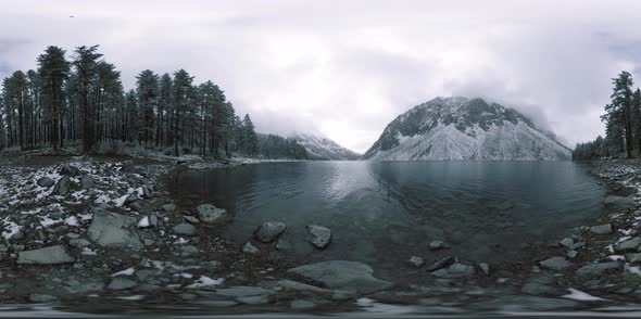 Mountain Lake 360 Vr at the Winter Time. Wild Nature and Mount Valley. Green Forest of Pine Trees