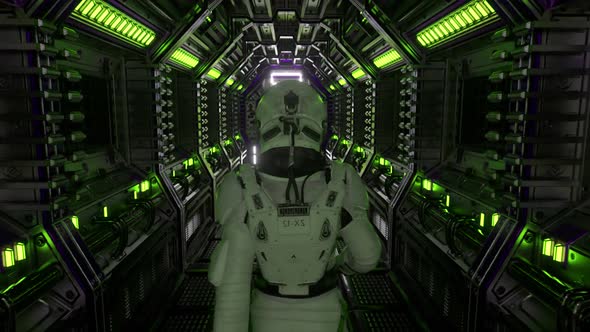 Astronaut Walking in Spaceship Tunnel Scifi Shuttle Corridor