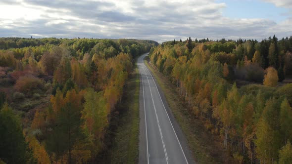 Asphalt road with traffic cars between forest in Ural