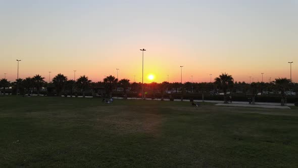 Sunset in the City Park after Coronavirus Drone Shot
