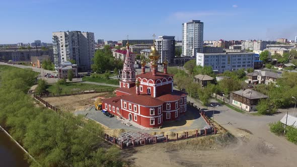 Aerial Drone Shot the Temple Built on the Edge of Town