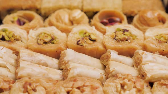 Catering Witn Sweet Table. Sweet Food Industry. Tasty Baklava. Turkish Ramadan Dessert Baklava