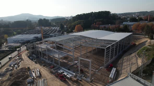 Aerial view of industrial buildings. Aerial top view of Construction area infrastructure