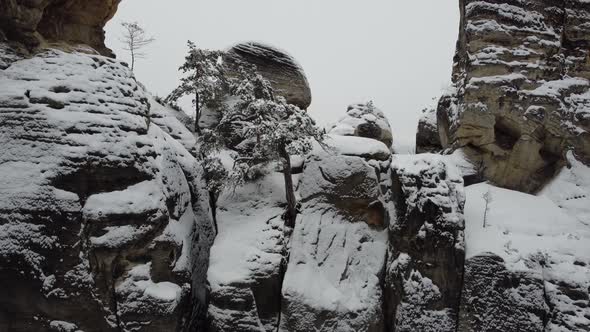 Aerial drone of Bohemian Paradise in winter. Rock formations in the Czech Republic 