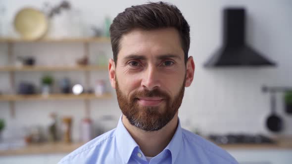 Headshot Portrait of Businessman Freelancer Turning Face to Camera and Smiling