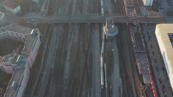 Trains Moving on Multiple Track Railway System in Germany, Aerial Birds Eye Overhead Top Down View