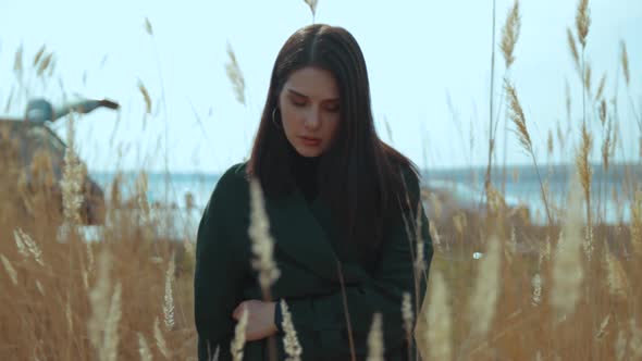 Young Brunette Among the Reeds Sunset Sea on a Background