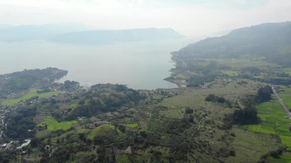 Aerial: lake Toba and Samosir Island from above Sumatra Indonesia.