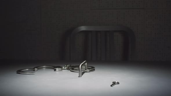 Close-up parallax shot of a pair of handcuffs and a key on a table in an interrogation room.