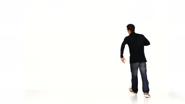 Dancer Man in Black Pullover, Denim Dancing Breakdance on White