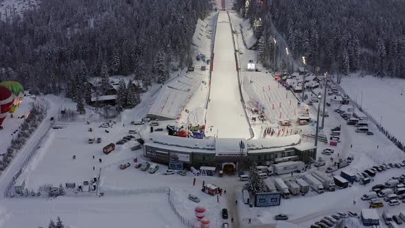 Ski jump in Zakopane during winter season covered in snow, Wielka Krokiew