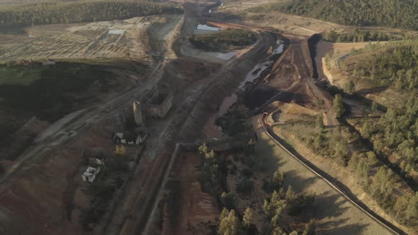 Aerial drone view of the abandoned mines of Mina de Sao Domingos, in Alentejo Portugal