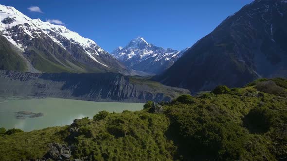 Mt Cook, New Zealand - Aerial view by drone flying over Hooker valley track