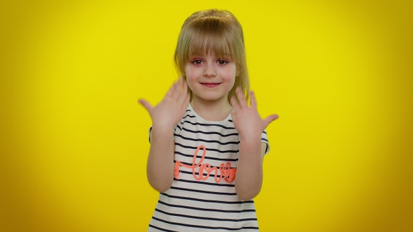 Little Blonde Kid Child Girl Showing Inviting Gesture with Hands Ask to Join Beckoning to Coming