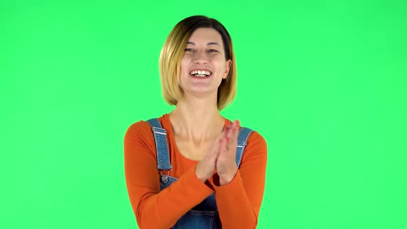 Girl Claps Her Hands with Wow Happy Joy and Delight. Green Screen