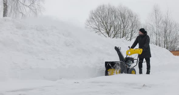 Man Working with Manual Snow Blower