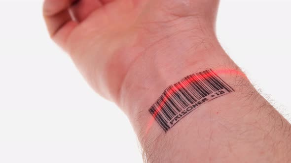 the Scanner Scans the Wrist of a Person with a Barcode Labeled Prisoner