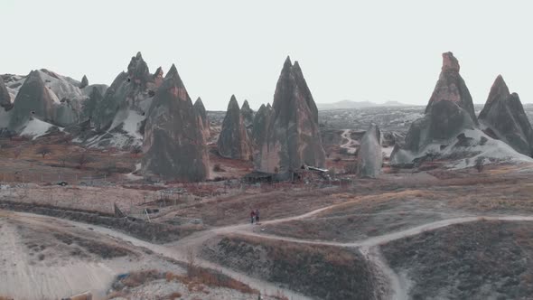 4k aerial footage of Cappadocia, Turkey. Flying towards the distinctive cone-shaped rock formations
