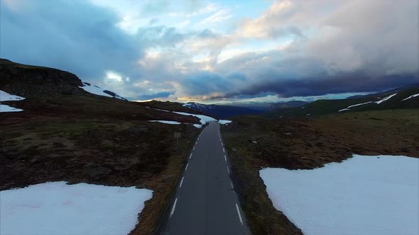 Cloudy evening on Aurlandsfjellet tourist route in Norway.