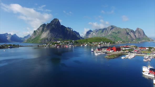 Flying above beautiful town Reine in Norway