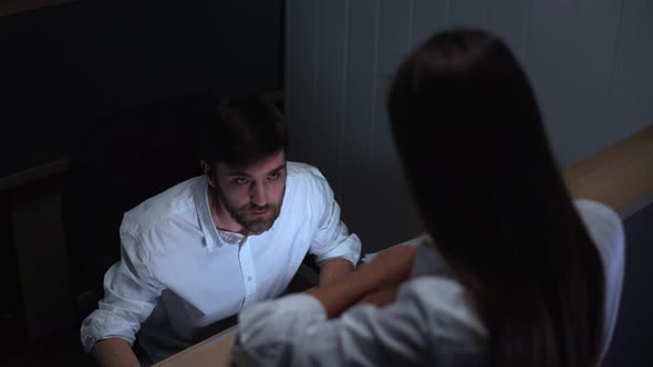 Portrait of Satisfied Man in Office Wearing White Shirt Working on Desktop Computer and Dealing with