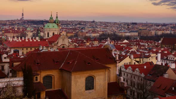 Sunset timelapse of Prague Old Town district (Mala Strana)