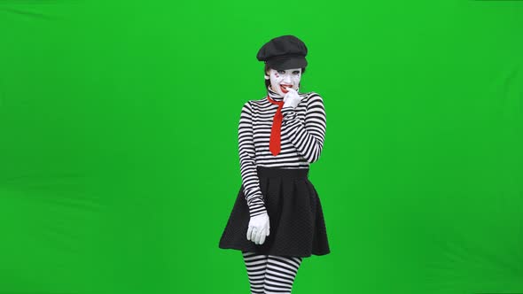 Mime Young Woman Is Smiling and Seducing Someone. Chroma Key.